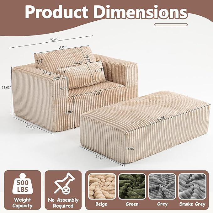 51” Oversized Boneless Chair with Ottoman Big Comfy Accent Chair with Ottoman for Living Room Cloud Chaise Lounge Chair Indoor Plush Pillows|Corduroy (Beige)