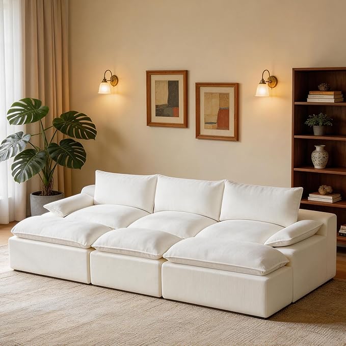 109 3 Seat Boneless Couch with Movable Ottoman Boneless Modular Sectional Sofa Deep Seat Modern Sleeper Sofa Bed for Living Room Cloud Modular Sectional Couch 3 Seat Chenille Chaise Lounge White