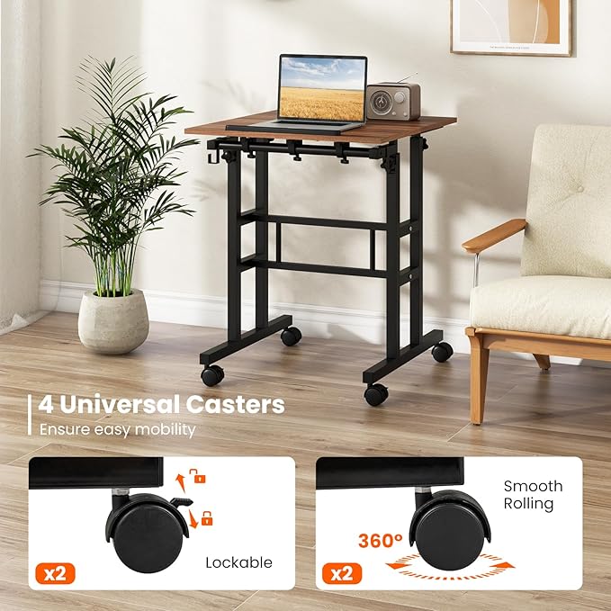 Tangkula Mobile Standing Desk Height-Adjustable Laptop Podium Cart with Tilting Tabletop &amp Adjustable Angle Rolling Stand Up Computer Desk with 2 Hanging Hooks &amp Lockable Casters for Home Of