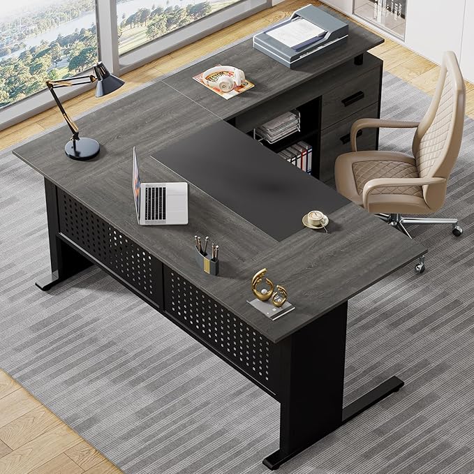 LITTLE TREE Large Computer Desk with File Cabinet 63 Inch Executive Desk L Shaped Office Desk with Drawers and Storage Shelves Business Furniture Desk Workstation for Home Office