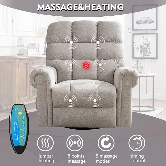 ANJ 360°Swivel Rocker Recliner Chair with Massage and Heat Manual Overstuffed Oversized Swivel Recliners for Big Man Large Glider Rocking Reclining Chairs for Nursery Living Room Beige 2PCS