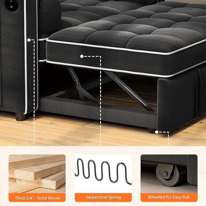 Pipishell 3 in 1 Convertible Sleeper Sofa BedPull Out Couch for Living Room with USB Ports &amp Side PocketsAdjustable BackrestVelvetLoveseat Sofa BedFuton CouchesBlack