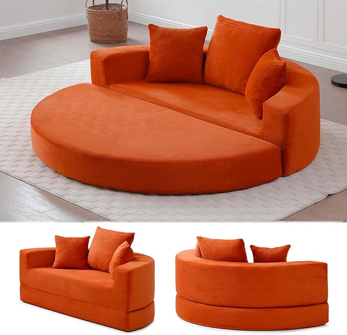 67 Round Convertible Folding Sofa Bed Boneless Couch Loveseat Floor Sleeper Chaise Lounge for Living Room Apartment Dorm Small Spaces Orange