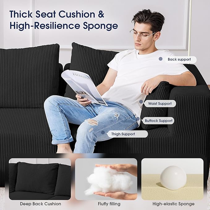 KINGYES Boneless Chaise Lounge Chair for Modular Sectional Sofa L Shape Corduroy Upholstered Chaise Lounge for Living Room Black