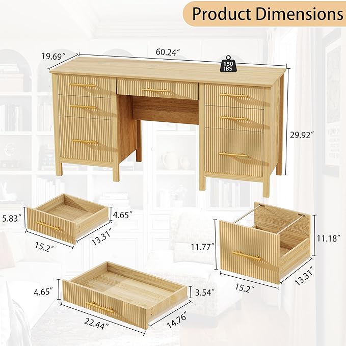 Modern Executive Desk with Drawers: 60 Oak Home Office Desks with File Drawers Wood Fluted Computer Writing Desk for Work Study and Living Room (60)