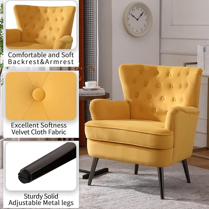 Living Room Chairs Button Tufted Accent Chairs Comfy Bedroom Chair Velvet Side Sitting Chairs Modern Fabric Sofa Slipper Chair for Reading Yellow