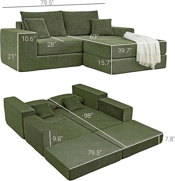 Boneless Couches for Living Room Modern Corduroy Couch Convertible Sleeper Sofa Folding Sofa Bed Mattress Couch for Bedroom Small Spaces - No Assembly Needed in Green