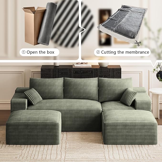 Modular Sectional Sofa Cloud Couch 108'' Comfy U Shaped Sectional Couches for Living Room Deep Seat Cozy Fluffy Corduroy Boneless Couch Sectionals Sofa with Movable Ottomanm Olive Green
