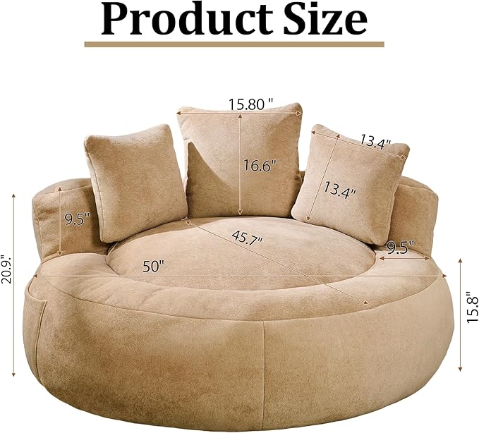 50 Bean Bag Chair with 3 Pillows Oversized Round Chaise Longue Chair Indoor No Assembly Couch Ultra Soft Faux Fur Floor Sofa Chair for Living Room Bedroom Apartment Office Khaki