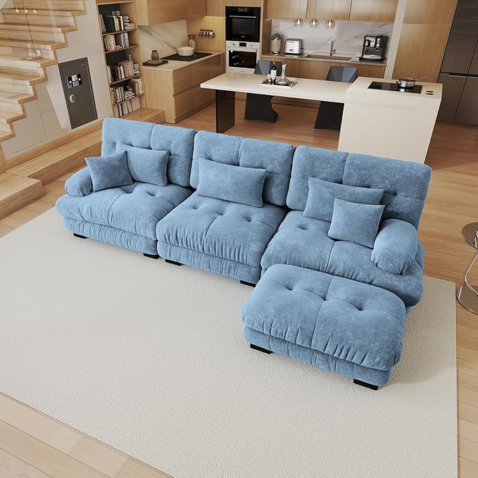 133.8 Oversized Modular Sectional Sofa 3 Seater Blue Large Sectional Couches for Living Room Chenille Fabric Sofa Set Cloud Couches with Ottoman Deep Seat Modern Sofas para Sala L Shaped