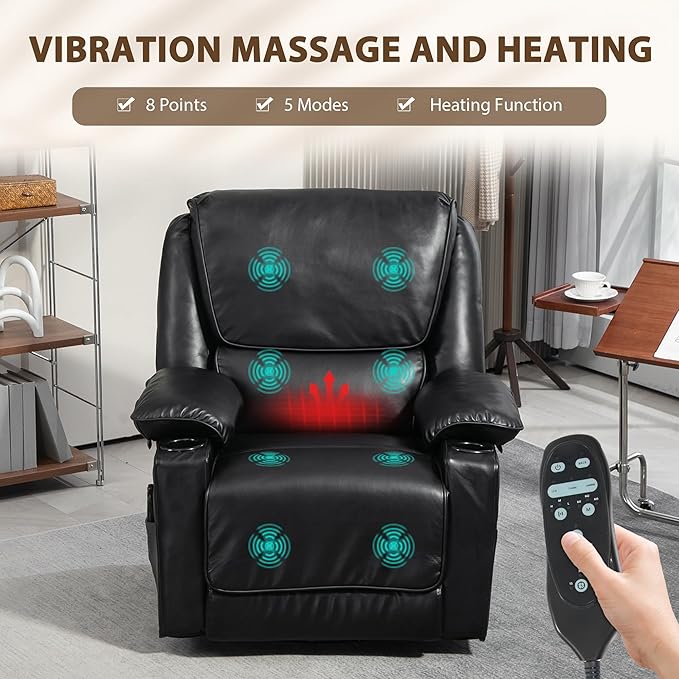 HOMCOM Swivel Rocker Recliner Chair with Vibration Massage and Heat Oversized Ergonomic Lounge Chair with PU Leather Remote Footrest Cup Holders and Side Pockets for Living Room Black