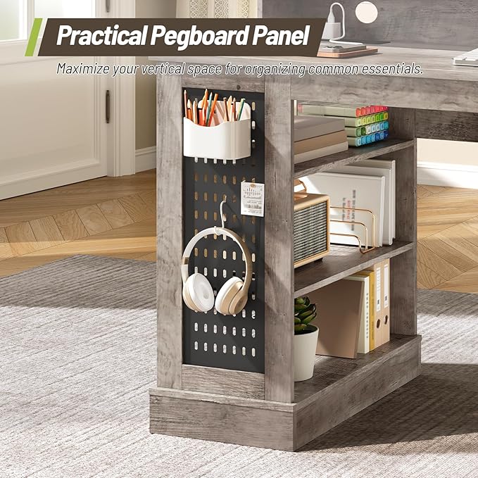 55-Inch Farmhouse Executive Desk with 2 Drawers and File Cabinet Computer Desk with 3-Tier Storage Shelves Home Office Desk with Charging Station Pegboard and Monitor Shelf Gray