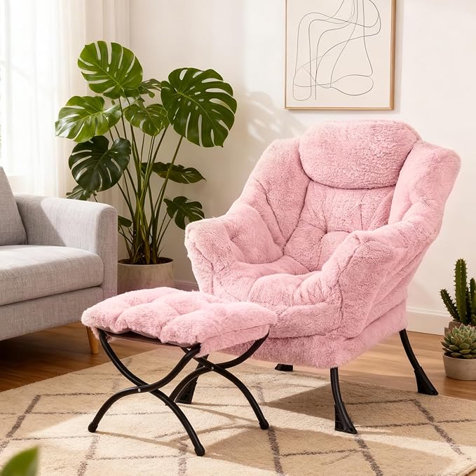 Lazy Chair with Ottoman Modern Accent Chair Lounge Leisure Sofa Chair with Armrests Reading Chair and Folding Footstool for Living Room Bedroom Office Plush Pink