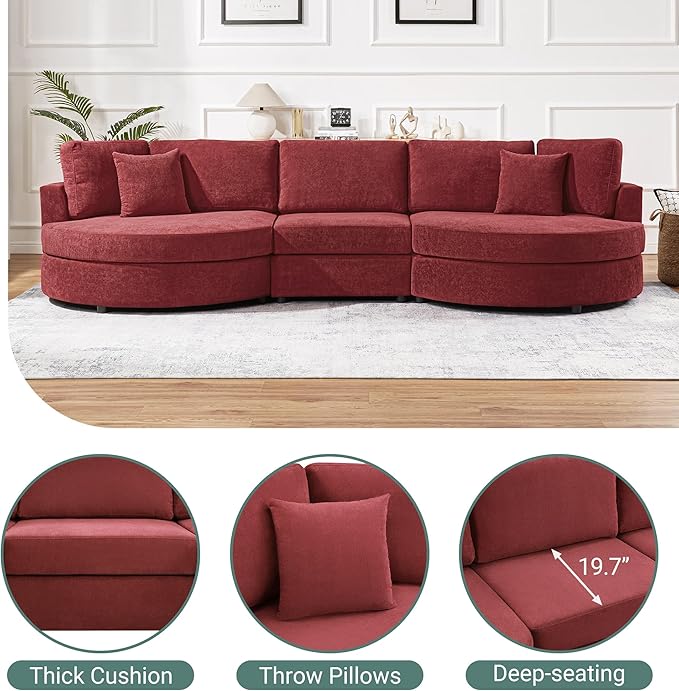 Merax 129 inches 3-Seater Curved Chenille Sofa Modern Upholstered Living Room Couch with Thick Cushions Includes 2 Throw Pillows Easy Assembly Red