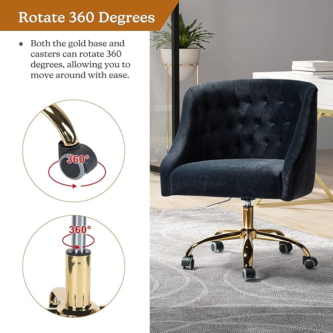 Velvet Home Office Chair with Gold Base Comfortable Modern Cute Desk Chair Adjustable Swivel Task Chair for Living Room Bedroom Vanity Study Black