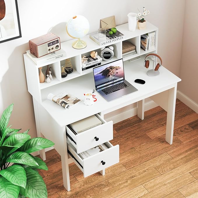 Giantex White Desk with Drawers &amp Hutch Home Office Desk with Charging Station 5 Storage Cubbies Makeup Vanity Table Modern Study Writing Desk PC Laptop Desks Computer Workstation for Bedroo