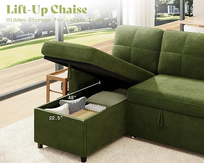 AMEILIFE Sofa Bed Sleeper Sofa with Storage Chaise Convertible Sofa Bed with Pull Out Couch l Shaped Couch for Living Room-Green Linen