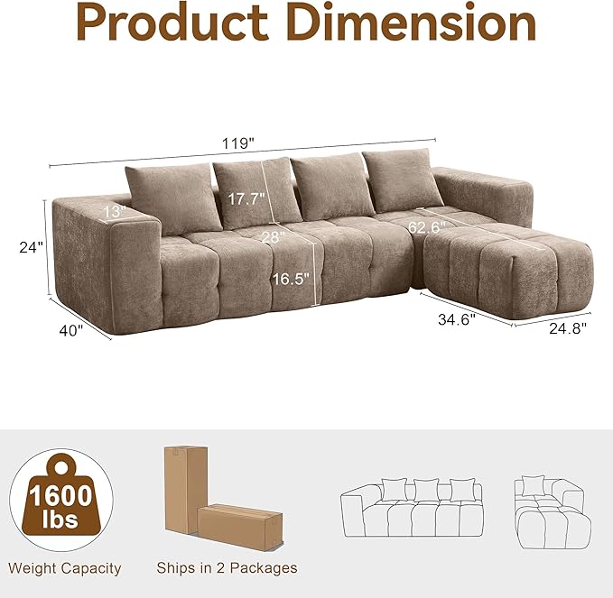 119 Oversized Cloud Boneless Couches for Living Room Modern Tufted Modular Sectional Sofa with Deep Seat &amp Movable Ottoman L Shaped Memory Foam Chenille Couch No Assembly Required Brown