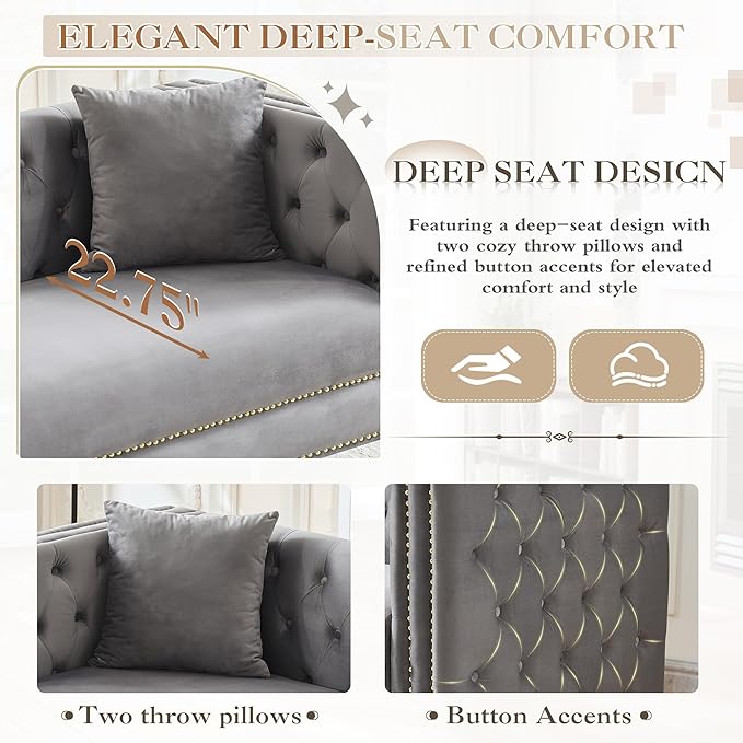 2 Piece Chesterfield Sofa Comfy Velvet Button Tufted Mid Century Modern Couch Set White Cloud Futon Loveseat Gold Legs &amp Nailhead Deep Seat Sofas for Living Room Office (Grey 3 Seater Set of 2