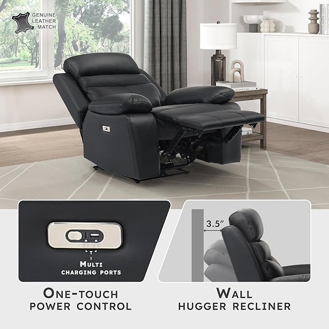 Lexicon Recliner Chair Living Room Leather Match Reclining Sofa Chair Home Theater Seating Wall Hugger Recliner Power Recliner Sofa Chair for Living Room/Office/Apartment Black