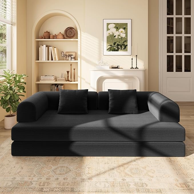 Ahomly 78.8'' Convertible Sofa Bed5-in-1 Boneless Couch with Removable ArmrestsFolding Futon Sofa Bed Includes 2 PillowsComfy Pull Out Couch for Living RoomNo Assembly RequiredBlack