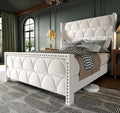 Queen Size Bed Frame with 56 Headboard - Velvet Upholstered Wingback Platform Bed Frame Noise Free Sturdy Wooden Slat Support (Cream Queen)