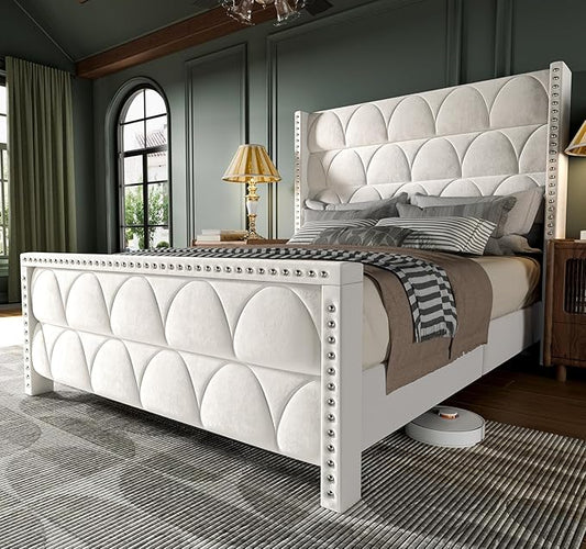Queen Size Bed Frame with 56 Headboard - Velvet Upholstered Wingback Platform Bed Frame Noise Free Sturdy Wooden Slat Support (Cream Queen)