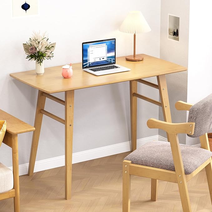 100% Solid Wood Writing Desk - 39 x 20 Inch Bamboo Home Office Computer Desks Simple Desk for Small Spaces Modern Study Table - Natural Boho Desks