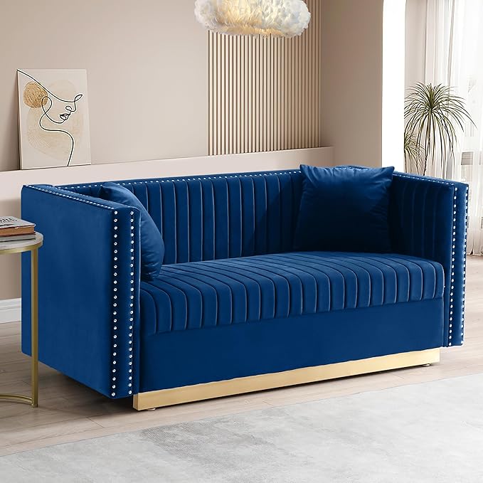 mikibama Modern Velvet Loveseat Sofa 61.4 Inch Vertical Channel Tufted Sofa Couch Luxury 2 Seater Couch with 2 Pillows and Gold Metal Legs for Living Room Bedroom Apartment Blue