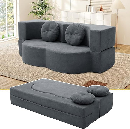 Folding Futon Sofa Bed Modern Convertible Fold Out Chenille Cloud Memory Foam Boneless Floor Lounge Loveseat Sleeper Mattress Sofa Couch with 2 Pillows for Guest Room Living Room Office Grey