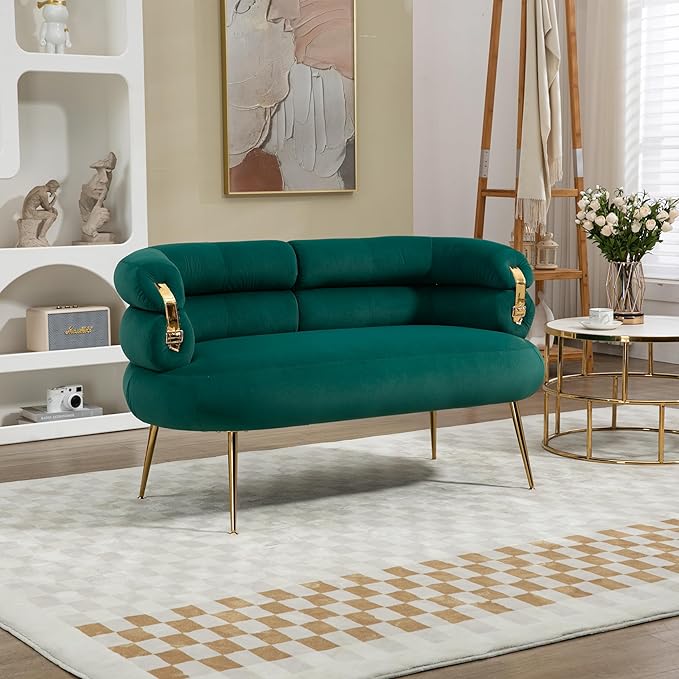 50”Velvet Accent Chair Loveseat SofaMid Century Modern Accent Arm Chair with Golden feetComfy Upholstered Leisure Couch with Wooden Framefor Living RoomBedroomApartment (Green)