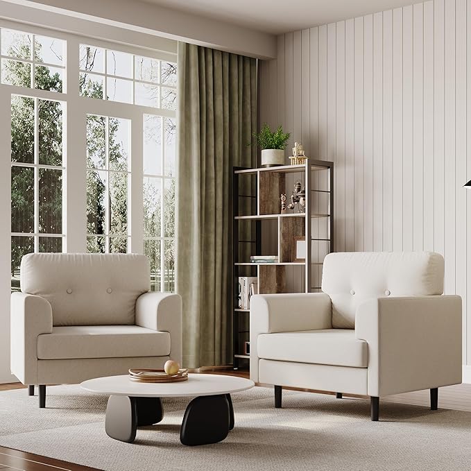 Garvee 38 Wide Armrest Accent Chair Linen Upholstered Reading &amp Lounge Chair for Living Room Bedroom Office &amp Reading Nook High-Density Foam Comfortable Single Sofa Chair（Beige）