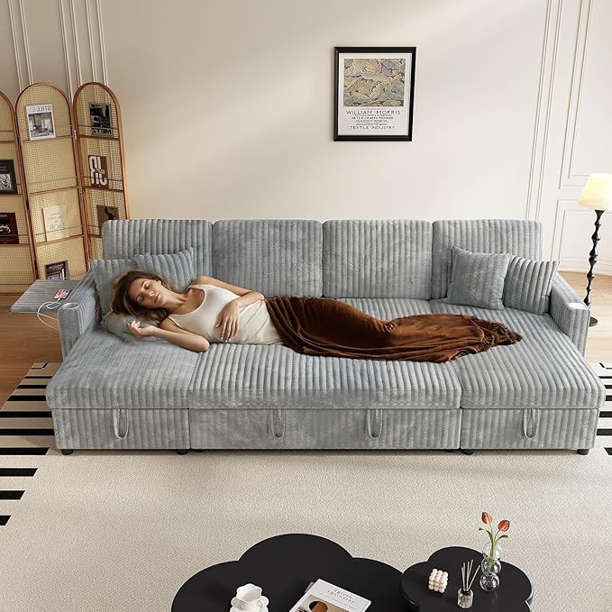 Sleeper Sectional Sofa 110 Modern U Shaped Couch with Pull Out Bed Convertible Corduroy Cloud Sofa with Double Storage Chaise USB Small Desktop Comfy Modular Couch for Living Room Light Gray