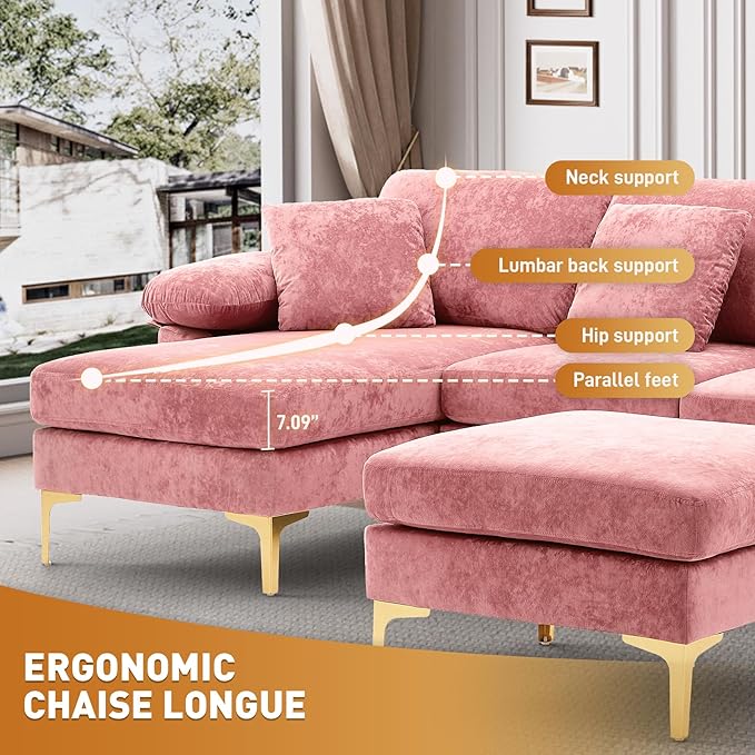 U Shaped Sectional Couch Sofa 114 Convertible L Shaped Sofa with Ottoman &amp Chaise Lounge Modern Oversized Modular 4 Seat Sleeper Sofa Set for Living Room Office Pink Velvet