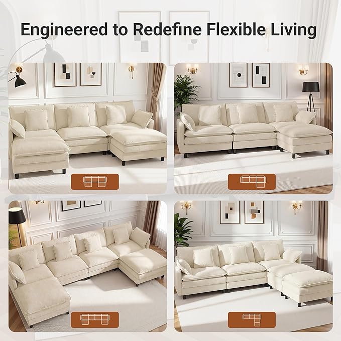 110 U-Shaped Modular Sectional Couch Modern Cloud Couch with Ottoman 5-Seat Chenille Sofa with Pillows Deep Seat Comfy Couch for Living Room Bedroom Beige