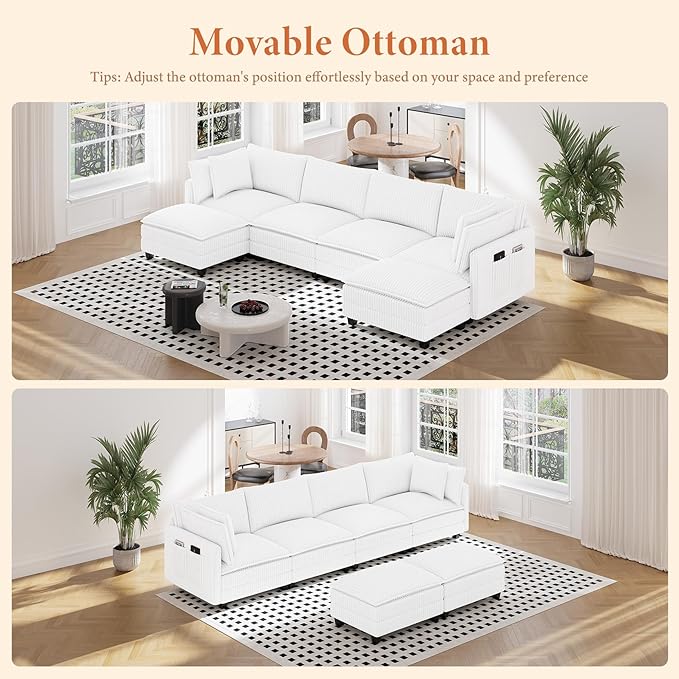 Vesgantti 143 U Shaped Sectional Modular Couch Comfy Corduroy Upholstered Modular Cloud Sofas for Living Room Modern Sectional Sofa with 2 Ottoman Deep Seat Warm White