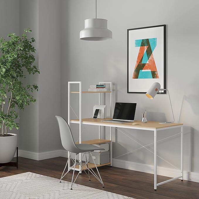 Ames 55 Reversible Gaming Computer Desk with Adjustable Shelves Home Office Desk Grommet Cable-Management Leveler Feet Easy Assembly White/White Oak