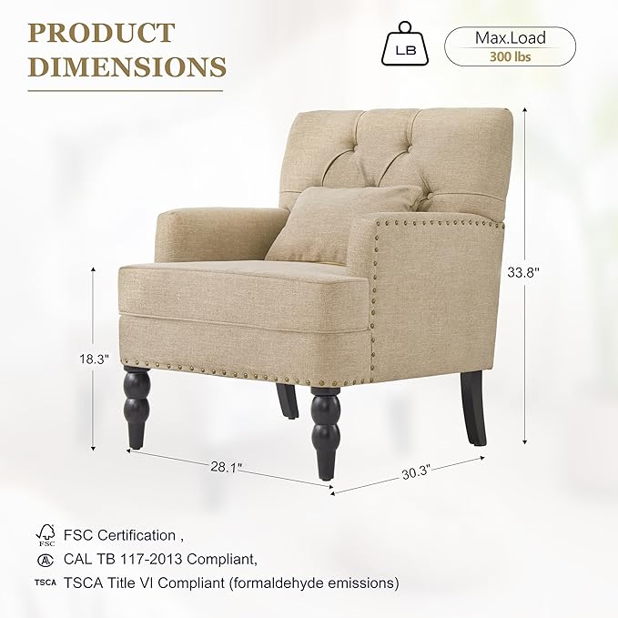 HUIMO Tufted Club ChairAccent Chair with Lumbar Pillow Upholstered Button Armchair Linen Fabric Sofa Chairs for Bedroom Living Room Mid Century Modern with Studded Reading Chair Brown