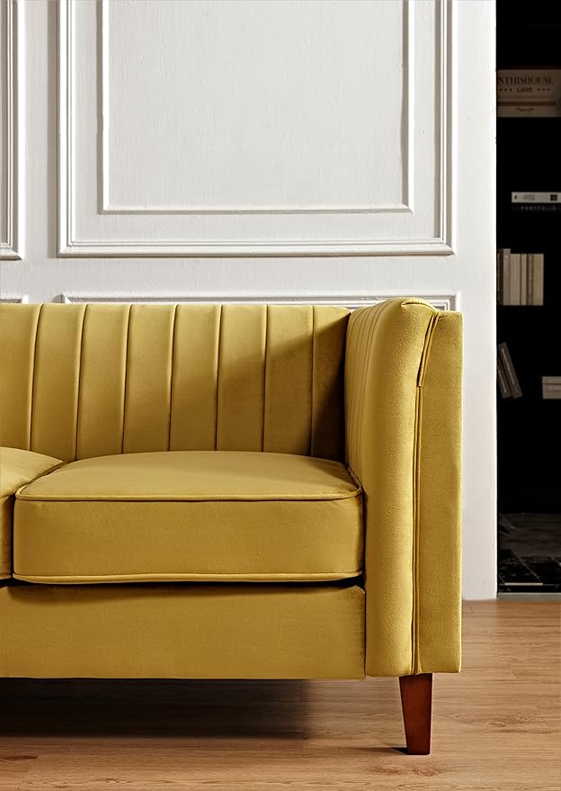 Container Furniture Modern Luxury Velvet Chair for Living Room with High Density Foam Soft Fabric Upholstery Removable Cushions and Solid Wood Legs 36.6'' Wide Armchair Mustard Yellow