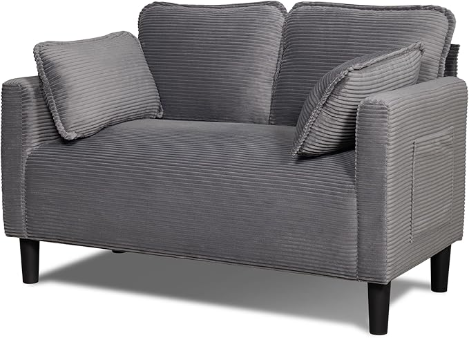 48 Corduroy Loveseat Sofa Small Couches for Living Room Green Couch for Bedroom Apartment Dorm 2 Seater Mini Sofa with Side Pocket High Rebound Sponge Cushion Easy Assembly (Grey)