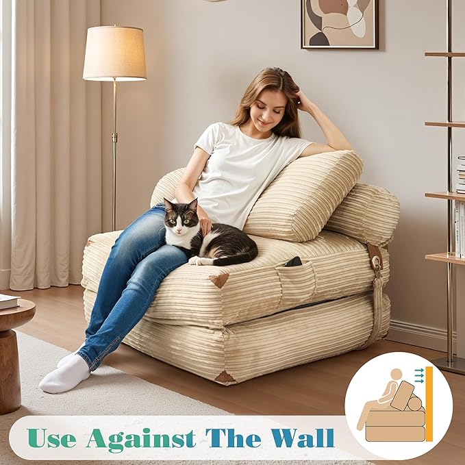 Folding Sofa Bed Convertible Sleeper Chair with Pillow Back Support Foldable Corduroy Futon Floor Couch Comfy Fold Out Chair Bed for Living Room Bedroom Dorm Beige