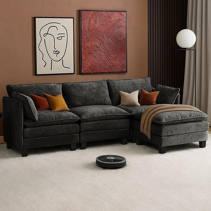 111” Modular Sectional Sofa L Shaped Cloud Couch with Ottoman Chenille Deep Seat Sofa with Pillow for Living Room Bedroom and Apartment4 Seats Grey