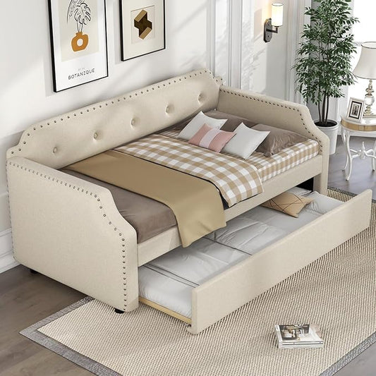 Beige Upholstered Daybed with Trundle Twin Size French Country Style Wood Slat Support Sofa Bed for Guest Room or Living Space