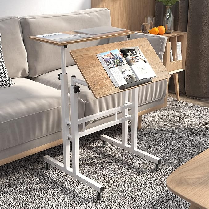 DlandHome Mobile Standing Desk Stand Up Desk Rolling Desk Stand Sit Desk Mobile Computer Desk Adjustable Standing Desk 23.6inches Table Workstation Mobile Desk Cart Tray Oak