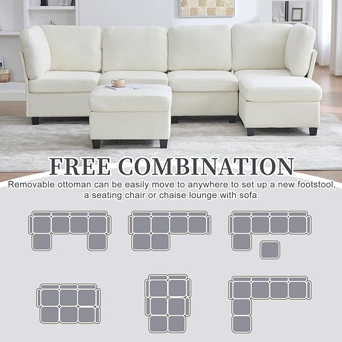 U Shaped Modular Sectional Sofa Couch with Storage Ottoman 6 Seat Convertible Upholstered Deep Seat Sofa with Chaise Lounge Comfy Cloud Couch for Living Room Beige