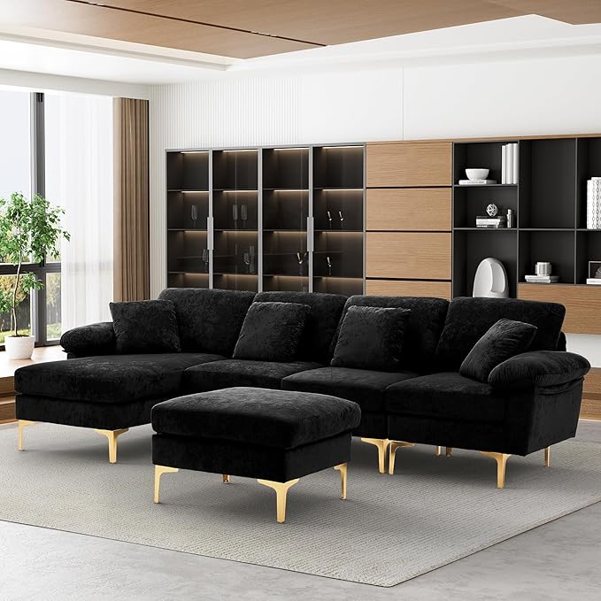OUYESSIR U-Shaped Sectional Sofa Couch 4 Seat Sofa Set for Living Room Convertible L-Shaped Velvet Couch Set with Chaise Lounge Ottoman and Pillows114 inches (Black)