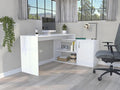 Penau L-Shaped Computer Desk with Open &amp Closed Storage Modern White Design Spacious 59 Inch Surface Perfect for Home Office