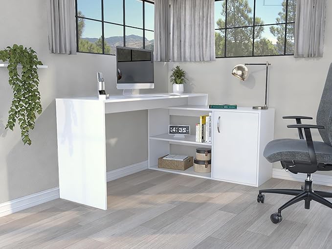 Penau L-Shaped Computer Desk with Open &amp Closed Storage Modern White Design Spacious 59 Inch Surface Perfect for Home Office