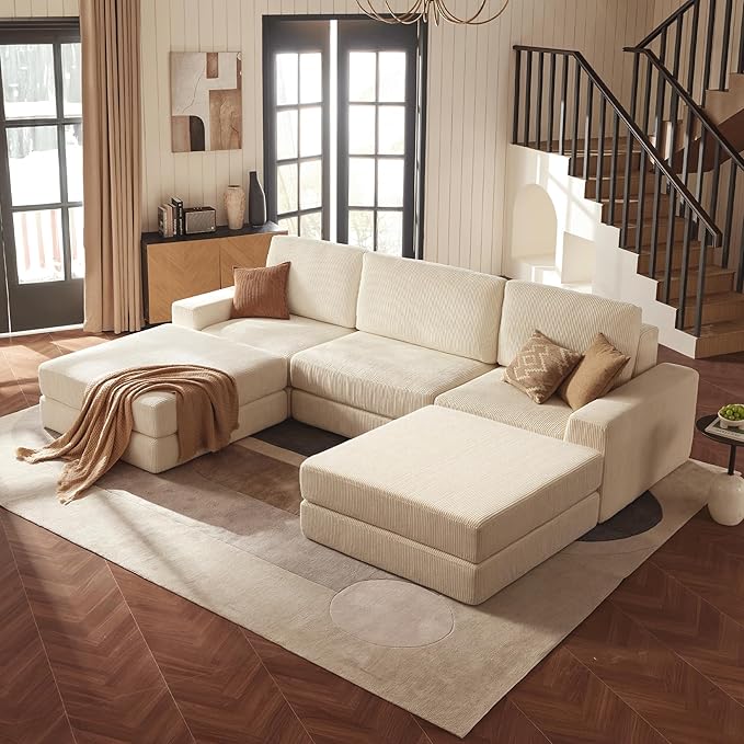 Modular Sectional Sofa 120.47 Modern Cloud Couch Sectional Sofa with U-Shaped Chaise Comfy Corduroy Fluffy Couch with Deep Seat Boneless couches for Living Room Bedroom White