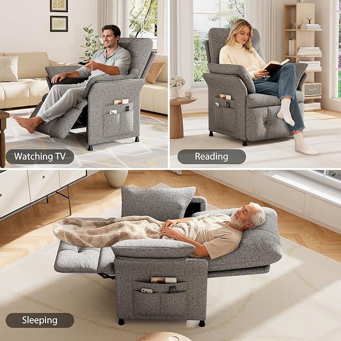 Power Recliner Chair for Adults with Heated &amp Massage Adjustable Electric Reclining Chair Sofa Lazy Boy Single Sofa with Side Pockets for Home Theater Seating Linen Light Grey